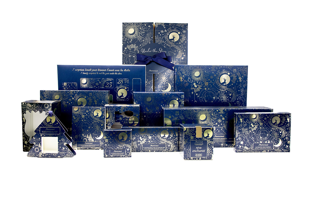 Marionnaud's advent calendars for 2023 using Goodyear Packaging's eco-friendly solution featuring metallized paper for a shiny effect.