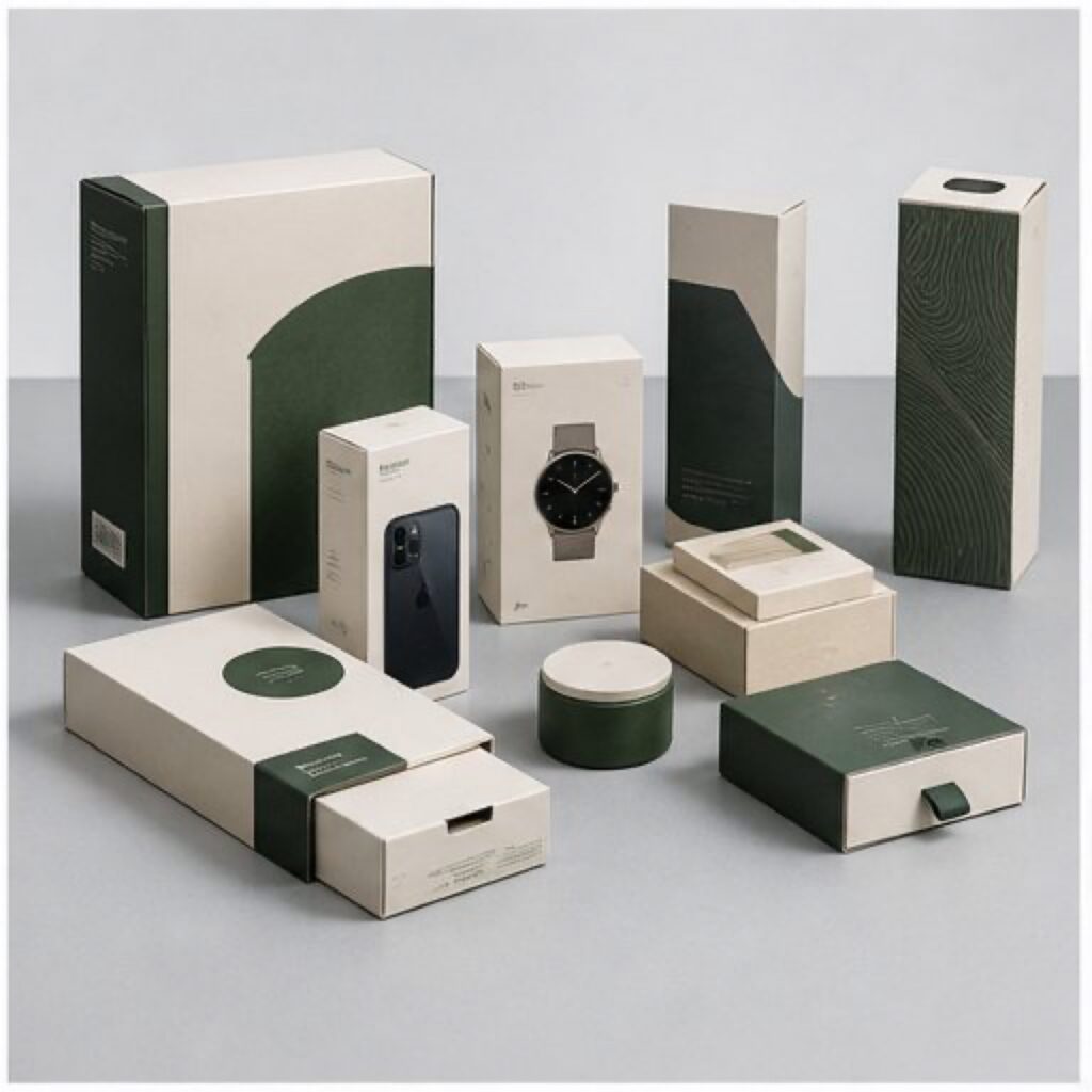 Set of eco-friendly kraft and forest-green packaging boxes for electronics and cosmetics, made from recyclable mono-material paperboard