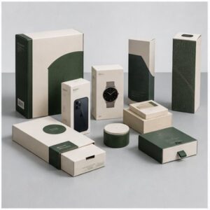 Set of eco-friendly kraft and forest-green packaging boxes for electronics and cosmetics, made from recyclable mono-material paperboard