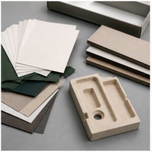 Sustainable packaging material board with fanned kraft and green paper swatches, blank recycled cards, rigid box and molded pulp insert