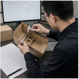 Packaging engineer measuring a kraft cardboard prototype box with an internal insert using a vernier caliper, CAD dieline on screen behind