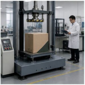 Corrugated box under a compression testing machine in a laboratory while an engineer in a white coat records test data