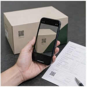 Hand scanning a QR code printed on a kraft shipping box with a smartphone, invoice with matching QR code and pen on the desk