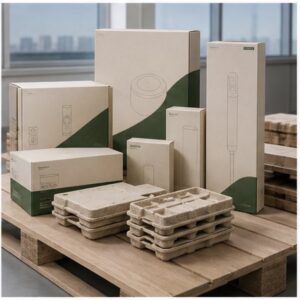 Eco-designed kraft boxes with green wave graphics and line art of small appliances stacked on a wooden pallet with molded pulp trays in front