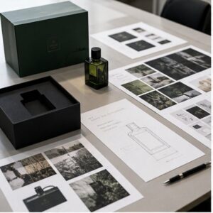 Fragrance packaging development board — dark green bottle, rigid box and printed mood board used to test whether a trend fits a sustainable packaging manufacturer brief