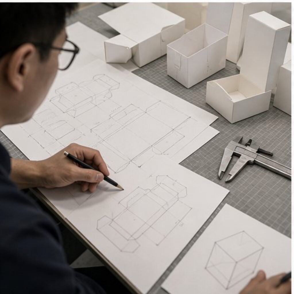 Packaging designer sketching dieline templates beside cardboard prototypes and vernier calipers on a grid workbench — starting a project with an eco-friendly packaging supplier China