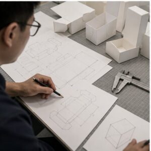 Packaging designer sketching dieline templates beside cardboard prototypes and vernier calipers on a grid workbench — starting a project with an eco-friendly packaging supplier China