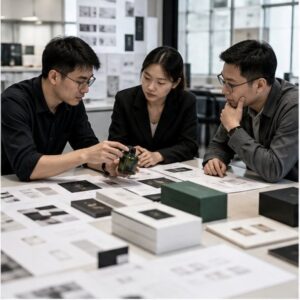 Marketing, procurement and engineering team reviewing a sample bottle together in a packaging co-creation workshop